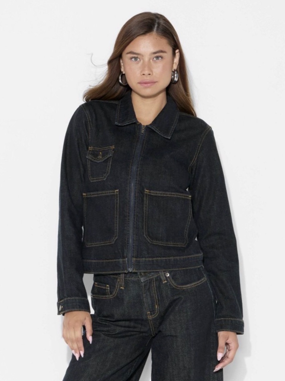 Wild Fable Women's Denim Utility Jacket Full Zip Long Sleeve Cotton Dark Blue L